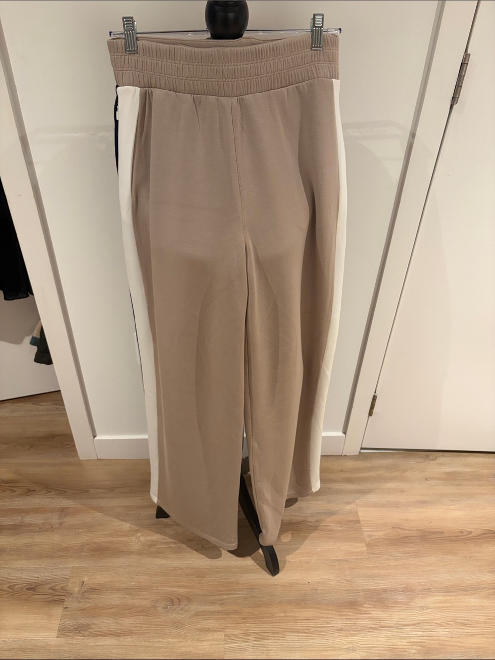 SPANX AirEssentials Taupe Wide-Leg Pants with White and Navy Side Stripe